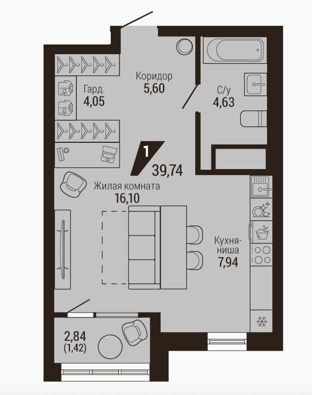 Планировка 1-комнатной квартиры 39,74 м²