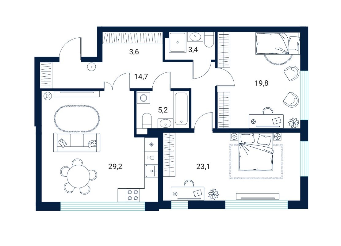 Планировка 2-комнатной квартиры 99 м²