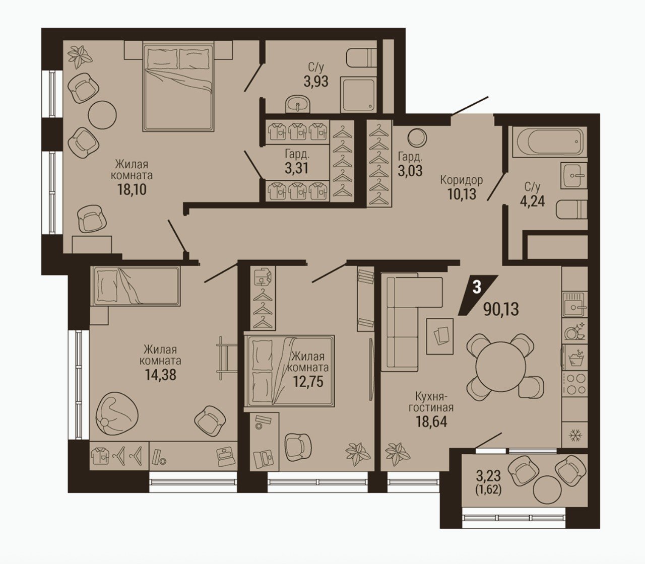 Планировка 3-комнатной квартиры 90,13 м²